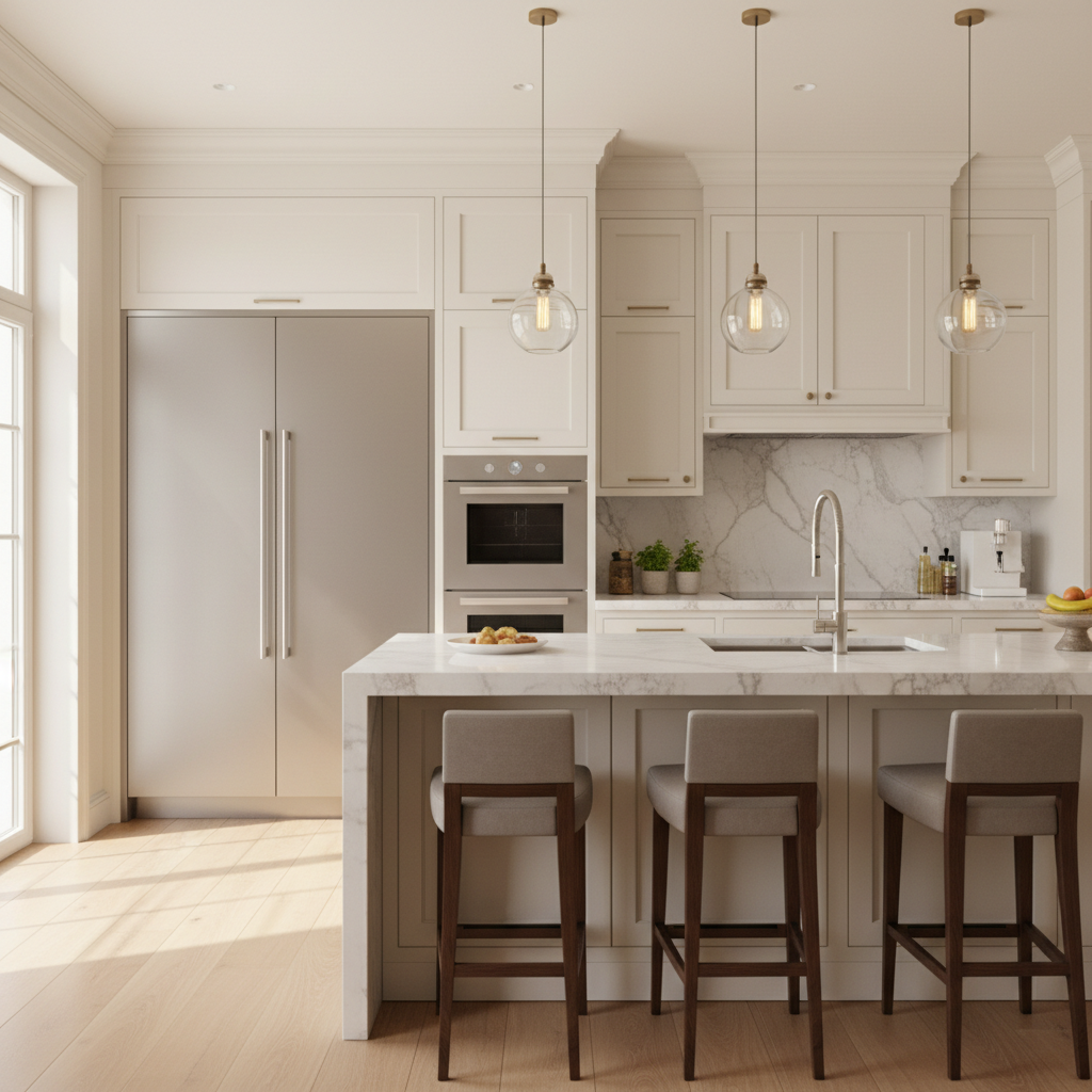 Upscale kitchen with integrated refrigerator and wall oven