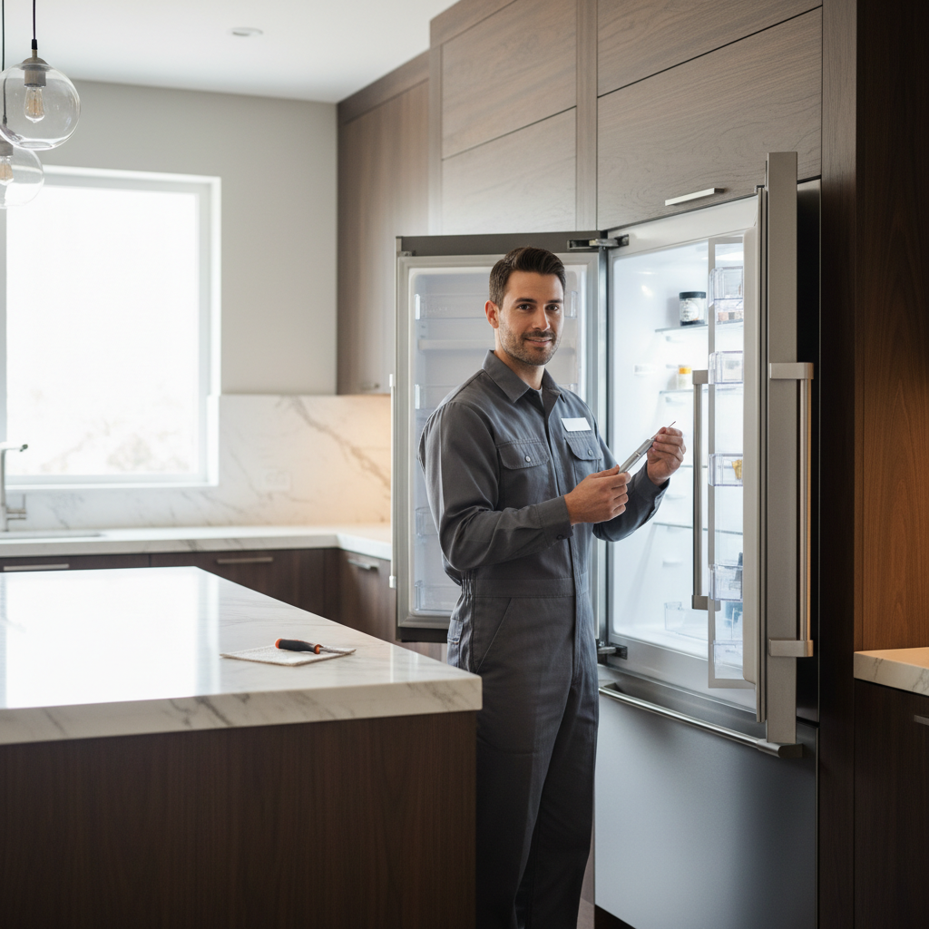 Professional appliance repair technician inspecting a built-in refrigerator